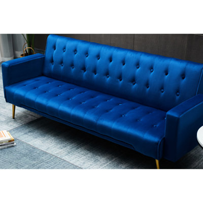 Lit bleu foncé avec dossier - pieds en métal doré, 3, velours, bois massif +, détente pour la maison, charme de salon facile à assembler et durable