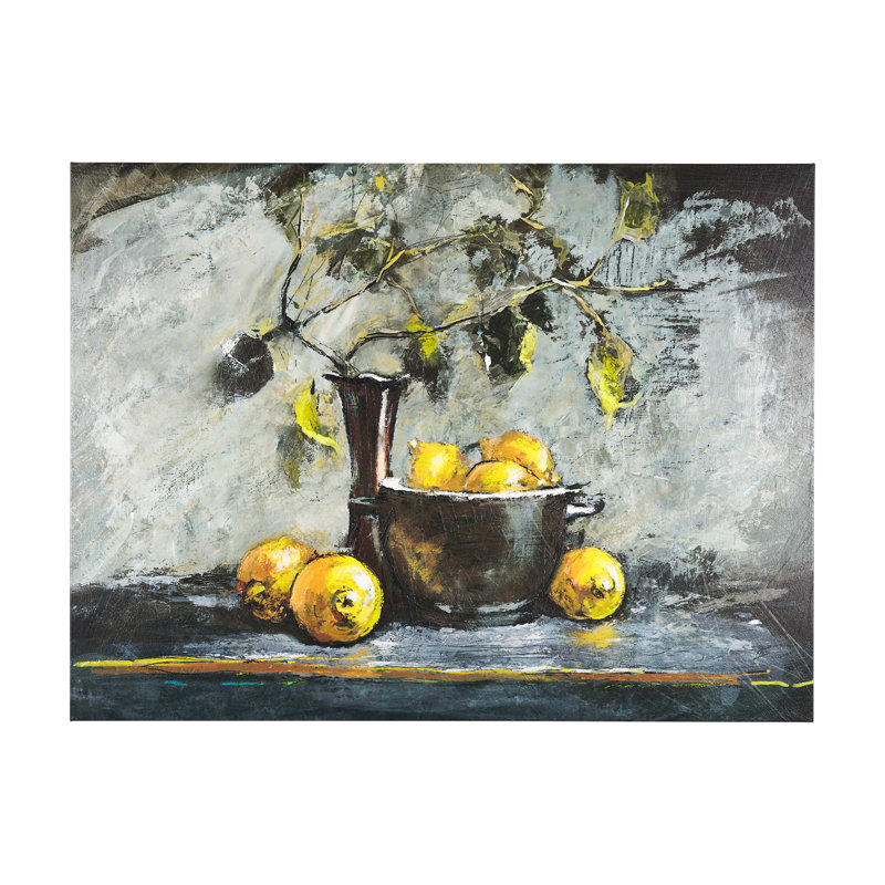 Nature morte avec citrons et toile texturée embellie à la main, H 45 po x l 60 po x P 1,5 po