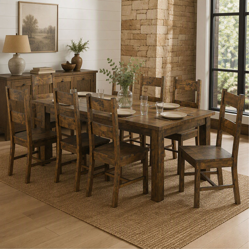 Ensemble de table à manger rustique Mina, fini brun doré, pour salle à manger familiale, 9