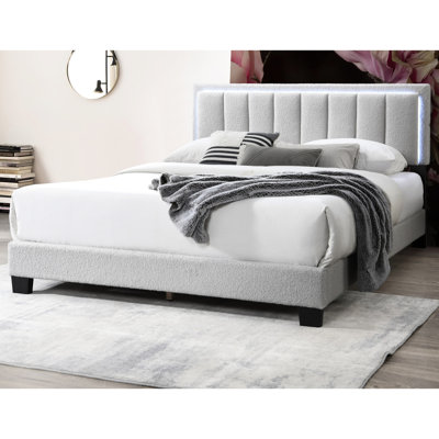 Modern Gray Wool Queen Bed With Ravishing Tufting And Built Led Headboard, No Box Spring Required Comfortable Headboard