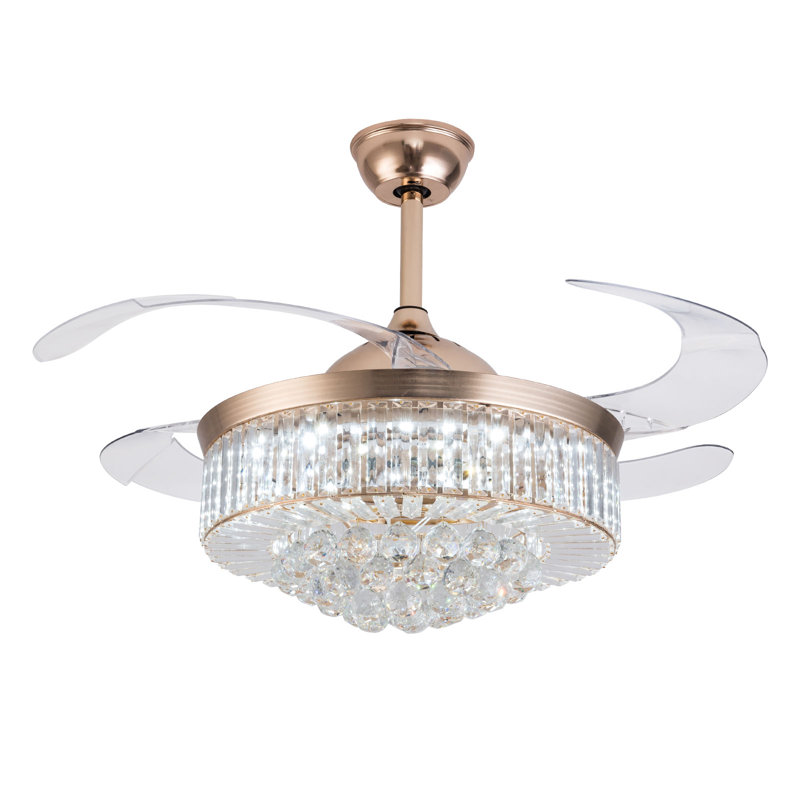 Ventilateur de plafond à DEL moderne en cristal 42 pouces avec télécommande, Or