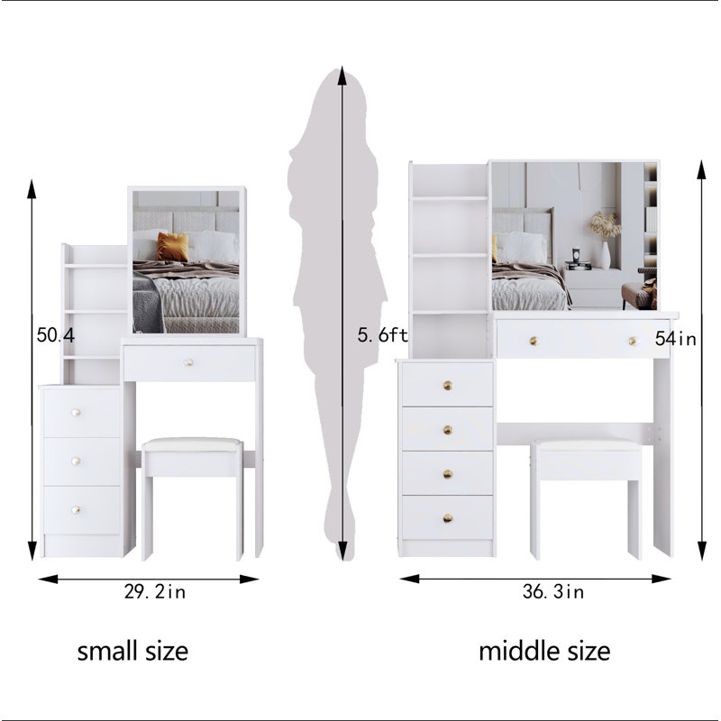 29.2" Small Space Left Bedside Cabinet Vanity Table + Cushioned Stool, Extra Large Right Sliding Mirror, Multi Layer High Capacity Storage, Practical Fashionable Dresser, Suitable For Small Space