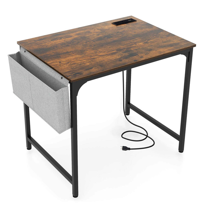 Ebern Designs 32" Computer Desk Small With Charging Station Storage Bag & Headphone Hook, Brown
