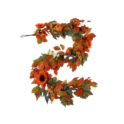 Guirlande d'automne de 1,80 m (5,9 pi) pour foyer, avec citrouilles, feuilles d'érable et chrysanthèmes. Décoration artificielle d'automne pour la maison. Guirlande de tournesols artificiels et chrysanthèmes pour centre de table ou cheminée intérieure.