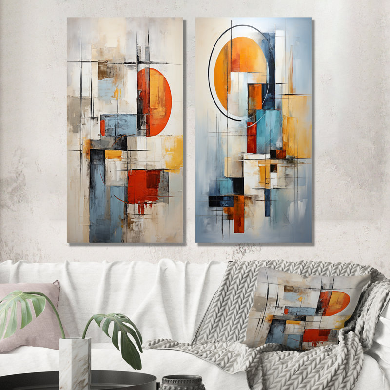 Ensemble de salon art mural orange et bleu Cubism, H 28 po x l 24 po