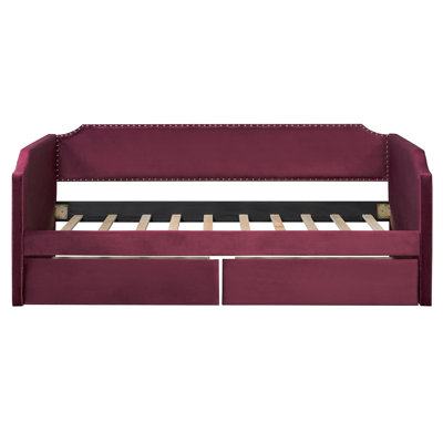 Twin Size Velvet Upholstered Daybed with 2 Storage Drawers, Space-Saving Sofa Bed Frame - Wine Red