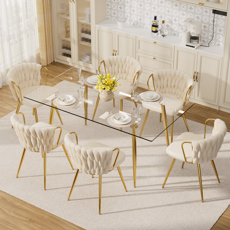 Glass Top Dining Set, Beige, 7 Pieces: Table, 6 Chairs, 29.5" H x 63" L x 31.5" W