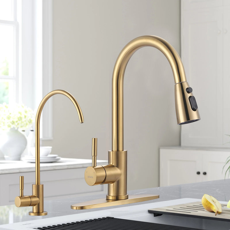 Stainless Steel Kitchen Sink Faucet, Kitchen Faucet And Water Filter Faucet Combination, Gold