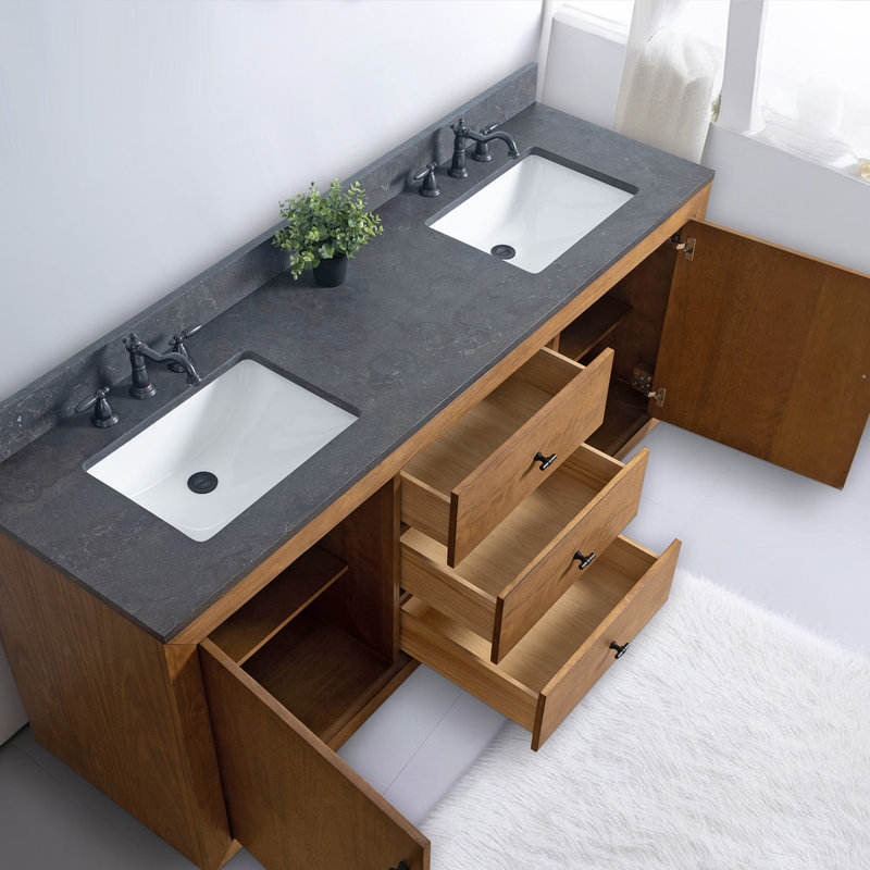 Meuble-lavabo double autoportant, Calcaire noir, Tanné, 72"