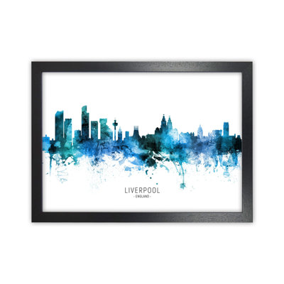 Liverpool England Skyline Blue City Name by Michael Tompsett - Print