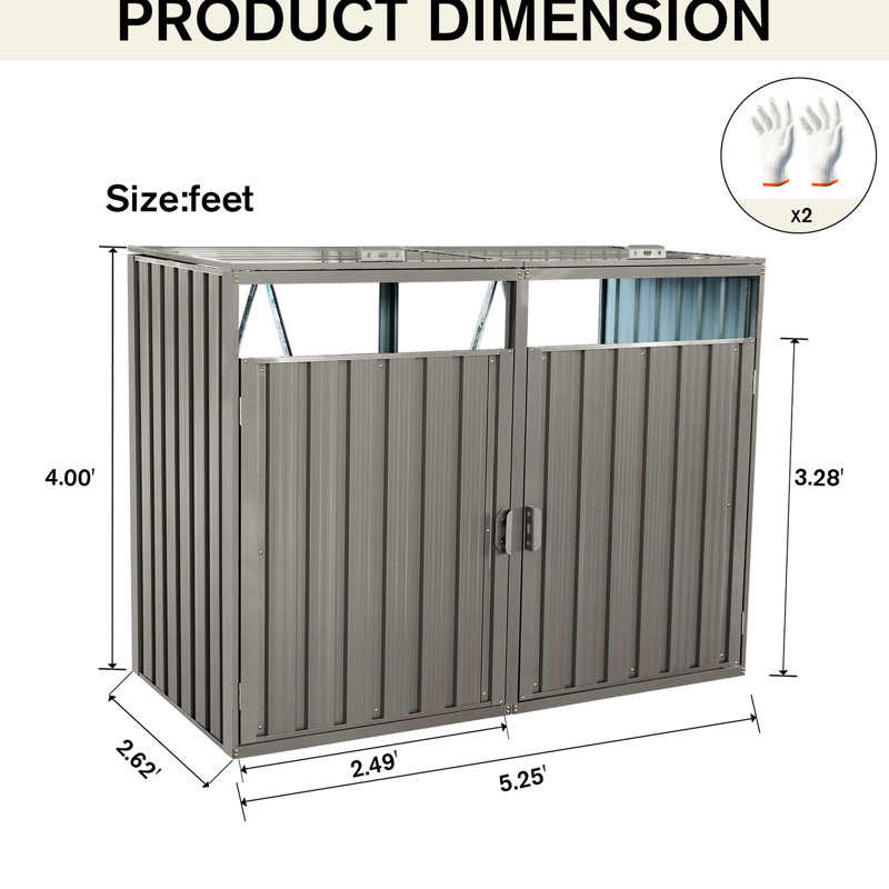 2 Garbage Storage Shed - Grey Metal Galvanized Steel, , Rust-, Easy To Assemble And Use With Water Spray Handles Bin Accommodates 2 Trash Cans Rust-, Ventilated Empty
