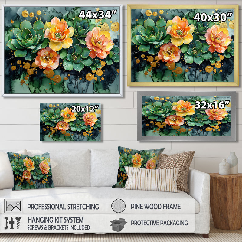 Albury Spring Symphony Garden of Echeveria Elegans Succulent II - Art sur toile, H 16 po x l 32 po, Noir