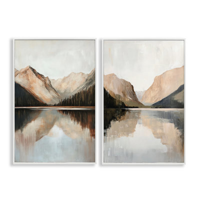 Rustic Mountain Reflection and Lakes 2pc Framed Giclee Set, design by Petal Prints Design