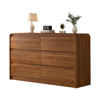6 Drawer Dresser For Bedroom 55 Inch Wood Chest of Drawers - Curved Anti Collision, Mid Century Dresser For Closet with Natural Texture & Pre-Embedded Slots for TV Stand, Living Room, Nursery