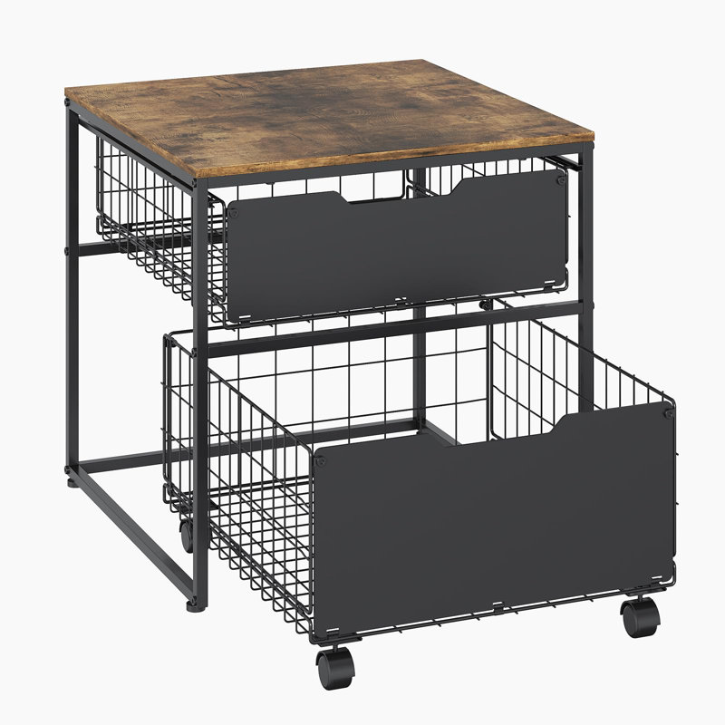 Small Fridge Stand with Storage Drawer and Wheels, Brown Wood Grain , 56x56 cm, Black/Brown