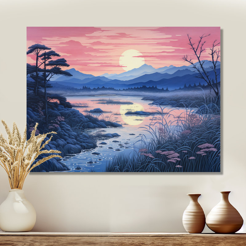 Rose, vue sur le lac japonais - rivière, art mural, salon, Toile tendue, H 30 po x l 40 po