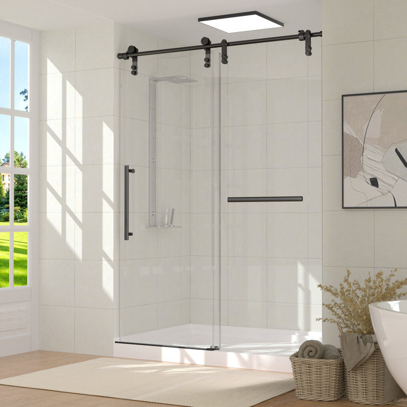 Porte de douche en verre coulissante sans cadre l 56-60 po x H 75,5 po avec quincaillerie en acier inoxydable, Noir