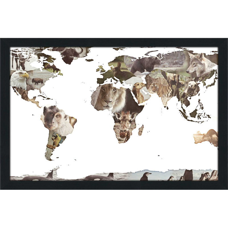 «World Animals Map», impression, H 27,5 po x l 39,5 po x P 0,75 po, Cadre espresso