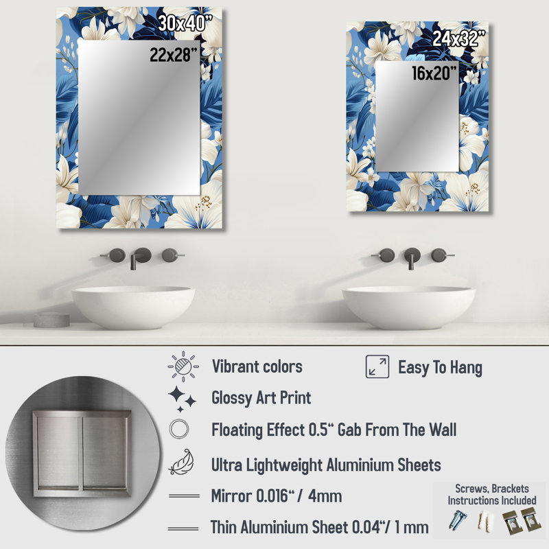 Arbordale Azure Oasis Tropical Pattern - tropical  Decorative Mirror, Botanical, Floral Wall Mirror, Printed Metal Art