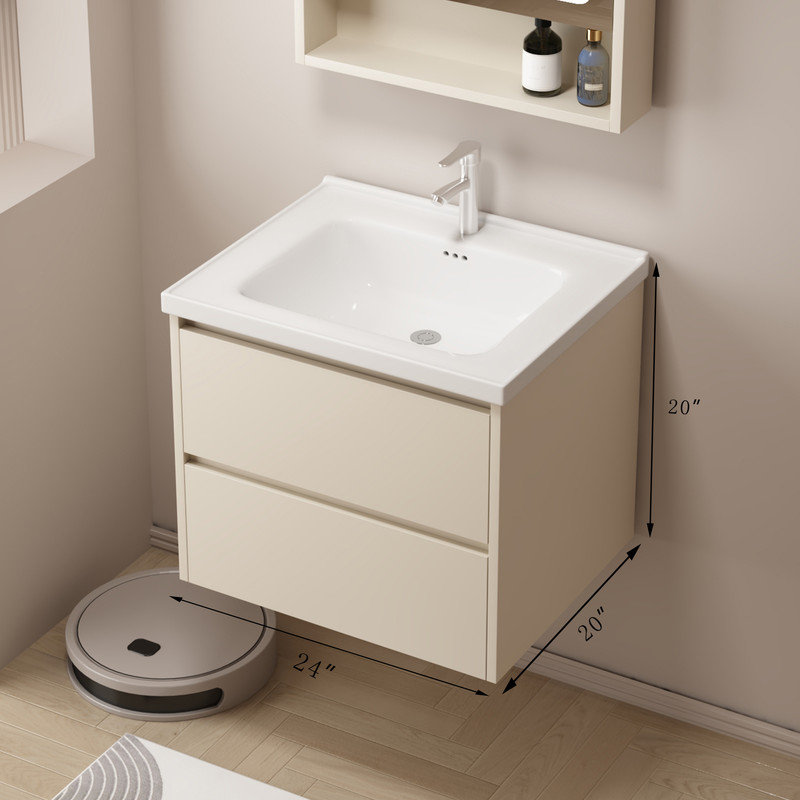 24" Wall Mounted Bathroom Vanity with Ceramic Sink & 2 Soft-Close Drawers, Khaki