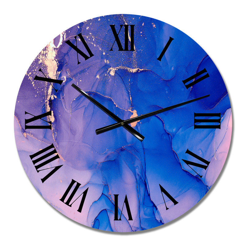Horloge murale moderne bleu et rose avec nuages d'encre de marbre IV, Moyenne