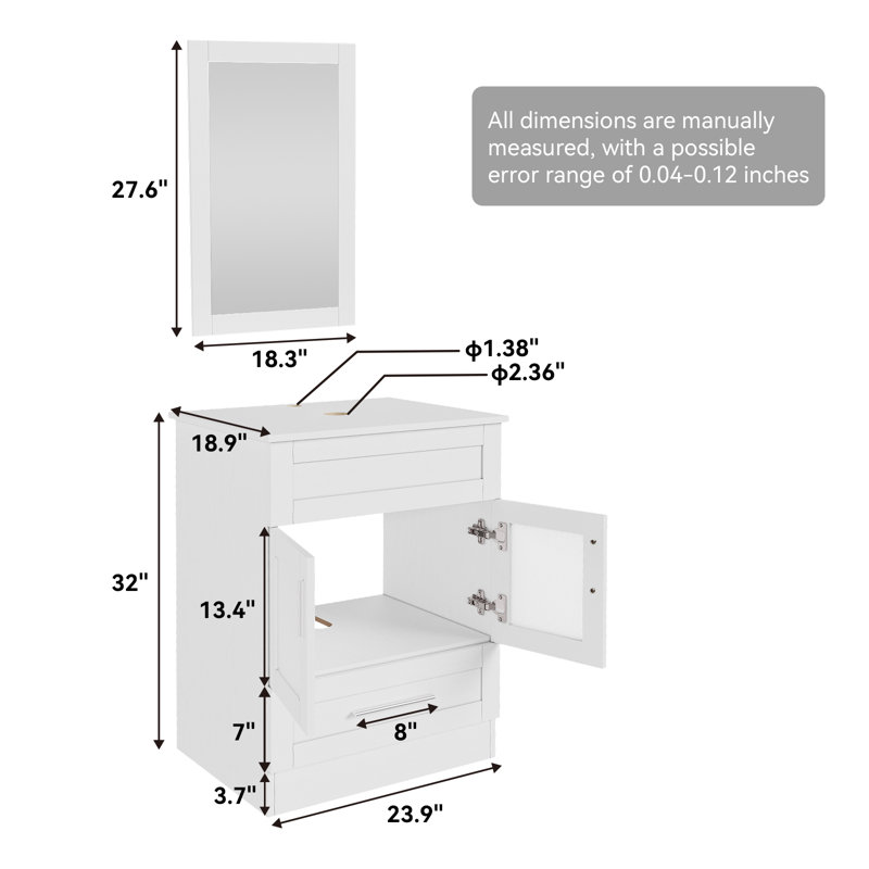 24 In. W X 18 In. D X 32-1/2 In. H Bath Vanity Cabinet In White With Mirror And Sink