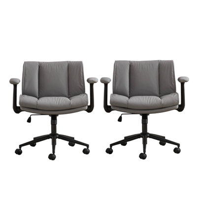 Adjustable Grey Desk Chair - Cross Legged Leather Swivel Chair With Flip-Up Armrests, Wheels & Wide Seat