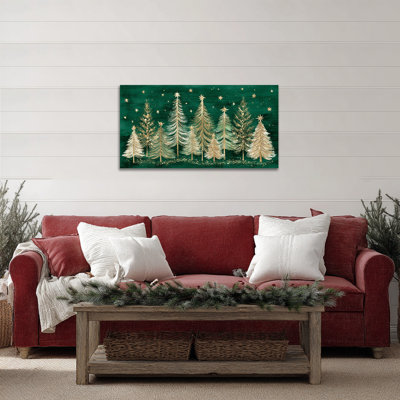 Reproduction de Noël sur toile GUTTATY, affiche de la forêt des arbres de Noël dorés, œuvre d'art sur toile verte et dorée pour décoration murale d'hiver, salon, reproduction suspendue des Fêtes, 48 po x 24 po