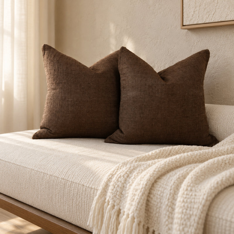 Housse de coussin en coton et lin tissée à la main, couleur chocolat, Carré 20 po