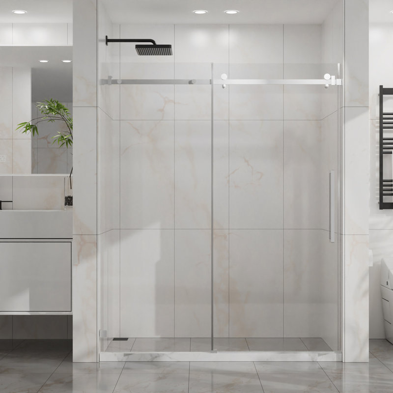 Frameless Shower Door, 60" W X 72" H Silent Sleek Sliding Glass Door, 1/4" (6Mm) Thick Tempered Clear Glass With Easy-Clean Coating, Heavy-Duty 304 Stainless Steel