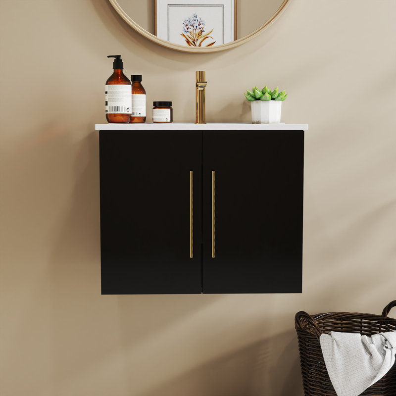Meuble-lavabo noir élégant à charnières à fermeture douce avec poignées dorées, idéal pour les salles de bain modernes