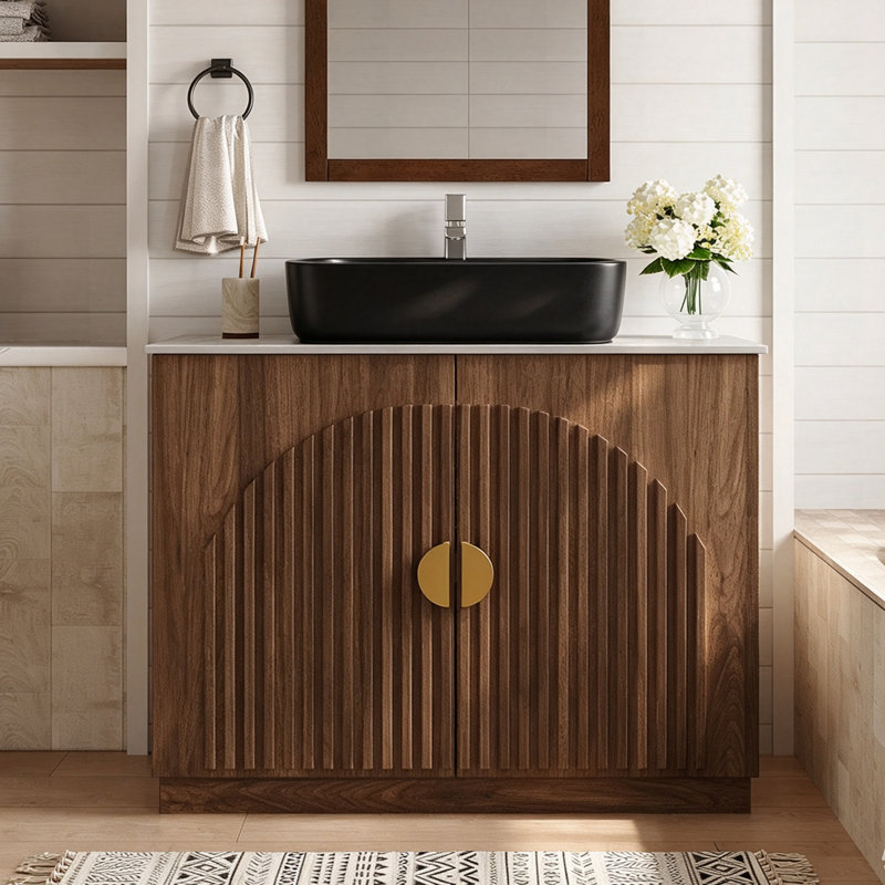 Meuble-lavabo simple 36 po avec comptoir en pierre et lavabo, Brown, 36", Matte Black
