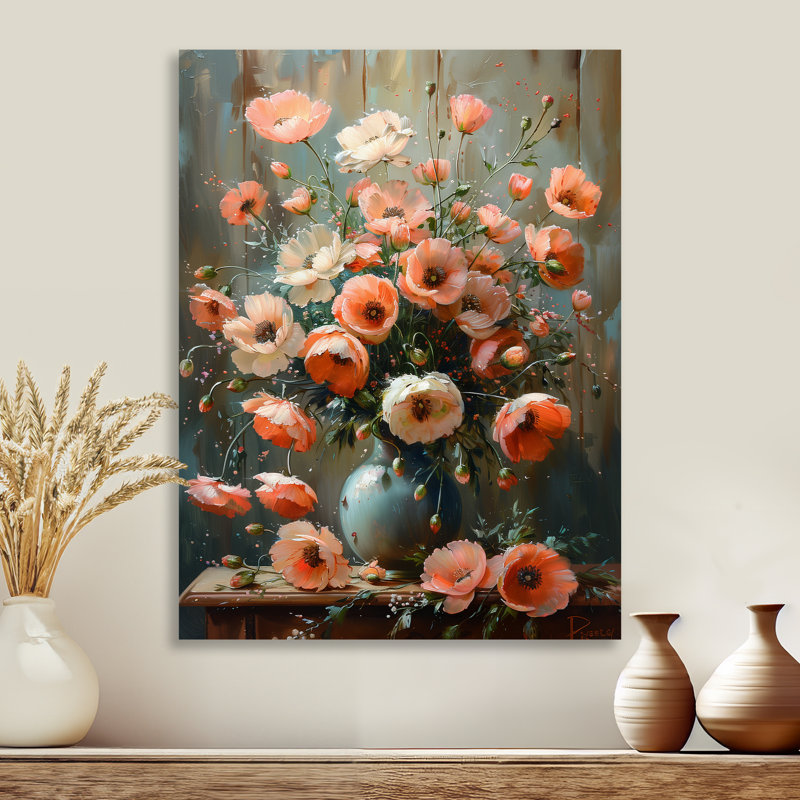 Rose, gris, coquelicots, fleurs, nature morte, charme III - coquelicots, art mural, Métal métal, H 20 po x l 12 po x P 1 po