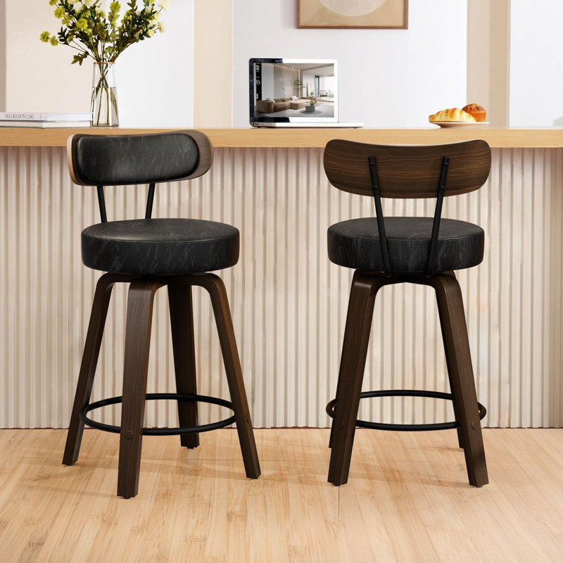 Swivel Counter Height Bar Stools Set of 2, Faux Leather Kitchen Stools Upholstered Barstools with Back, Walnut Wood Legs, Mid Century Island Chairs Counter Stools, 26" Seat Height