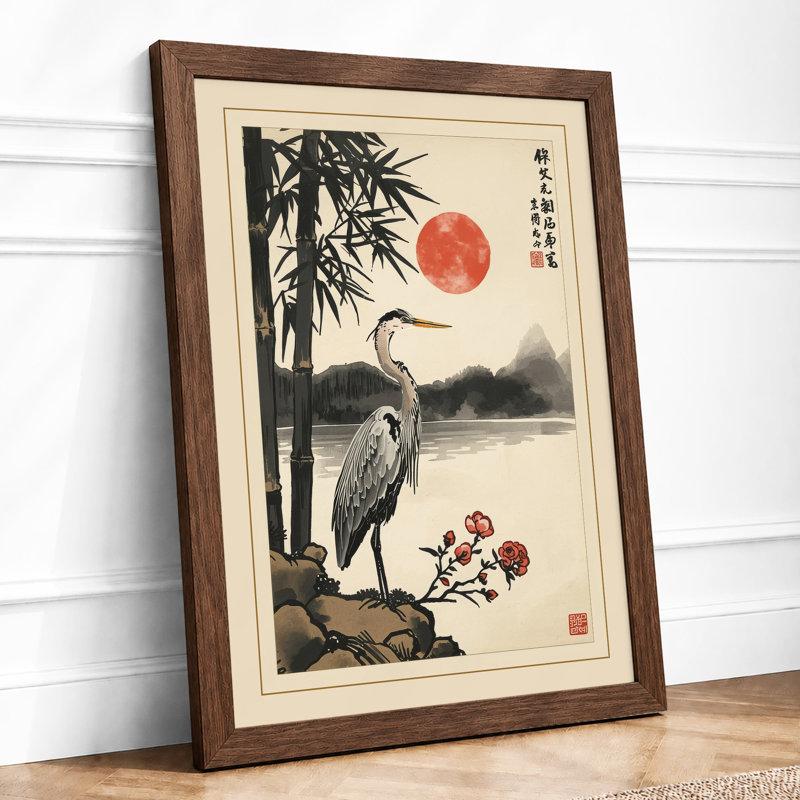 Heron And Plum Blossoms Japandi - Print, A2 - 59.4 x 42.0 cm, Walnut