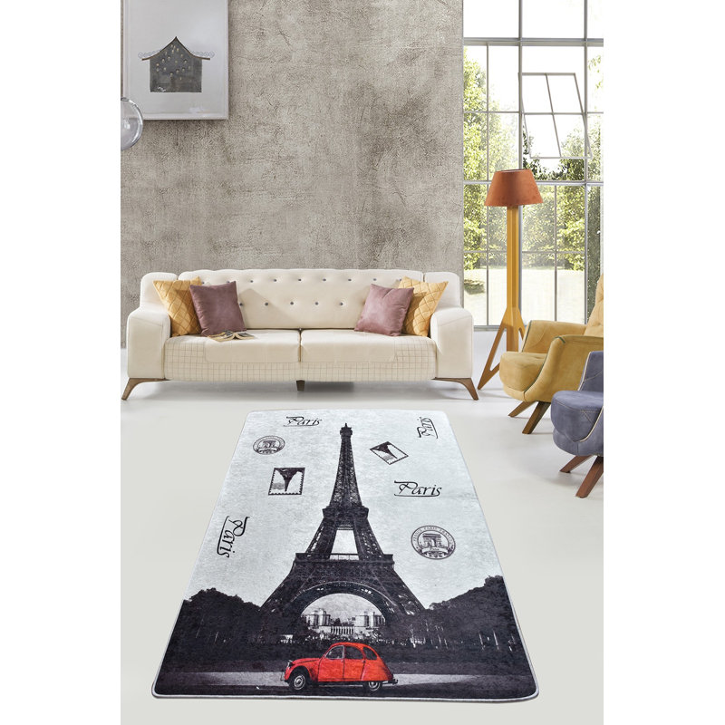Tapis rectangulaire en polyester touffeté à la machine noir / blanc / rouge Tabiauea, Rectangle 4 pi 7 po x 6 pi 3 po
