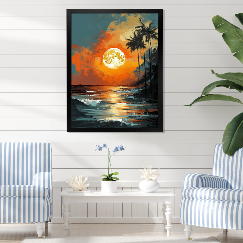 Coucher de soleil sur la côte du paradis côtier III - art minimaliste côtier, Cadre simple noir, H 32 po x l 16 po x P 1 po