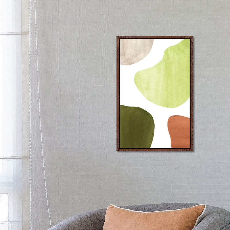 Olive Green Shapes by Whales Way - Painting on Canvas, Classic Brown Wood Framed, 66.04cm H x 45.72cm W x 3.81cm D