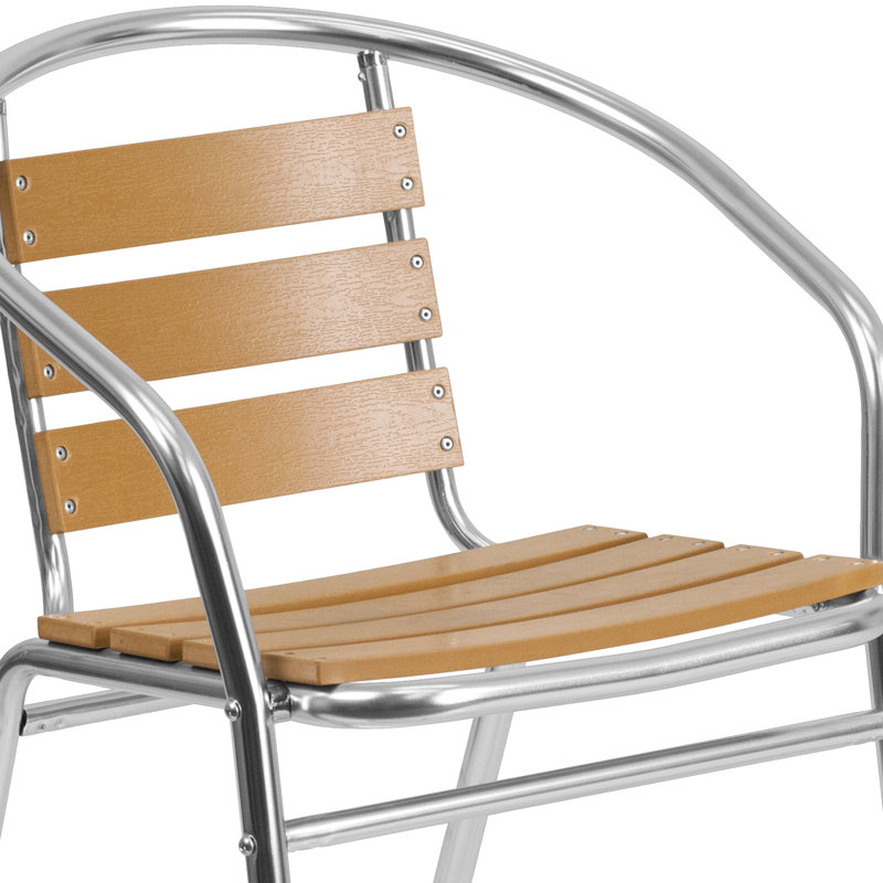 Chrisoula Modern Aluminum Slat Back Stacking Patio Chairs, Silver Frame/Faux Teak Slats