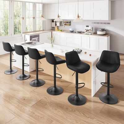 Modern Upholstered Swivel 26-34’’ H Barstools, Faux Leather Bar Stools with Metal Frame, Adjustable Height Counter Stools with Footrest