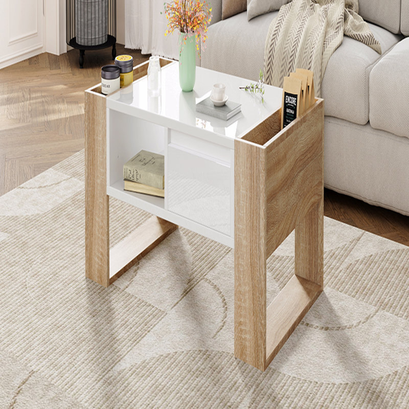 Table basse haute brillance avec 2 tiroirs, table centrale pratique à deux tons avec compartiments cachés, table de cocktail rectangulaire avec tablette de rangement ouverte