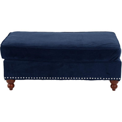 Living Room XL- Cocktail Ottoman Indigo Blue Velvet Accent Studding Trim Wooden Legs