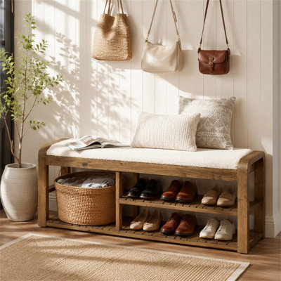 Banc de rangement pour chaussures en bois massif de 55 po, banc d'entrée rembourré avec coussin amovible