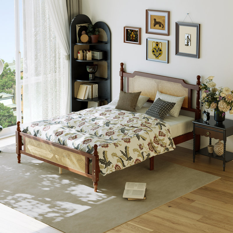 Pine Wooden Platform Bed With Rattan Headboard & Footboard, Walnut, Queen