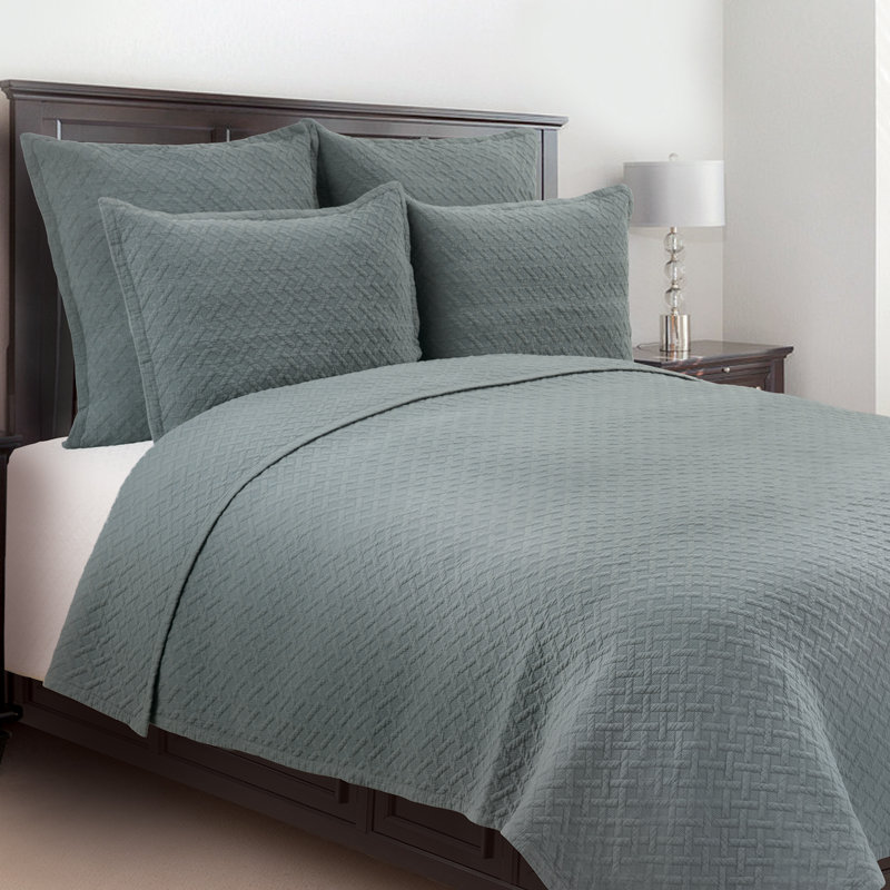 Basketweave Solid Blue Quilt Set, Full/Queen, Jadeite