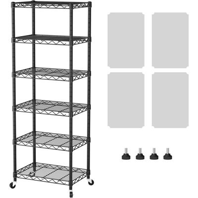Étagère de rangement réglable en métal à 6 niveaux avec roues, support de rangement étroit avec pieds de nivellement pour la cuisine, la salle de bain, la salle de lavage et le garde-manger, noir