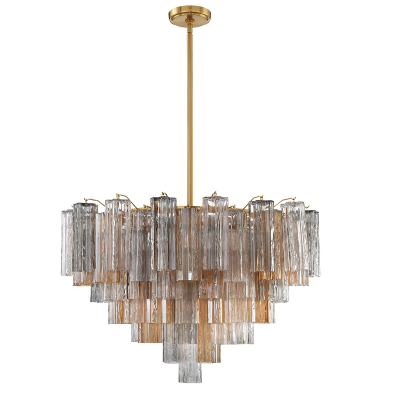 Dimmable Tiered Chandelier, Aged Brass, Gray/Yellow, 21.5" H x 32" W x 32" D