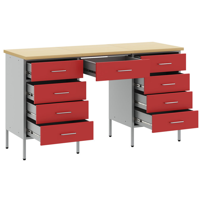Set Of 3 Steel Large Height Adjustable Work Cabinet, Red