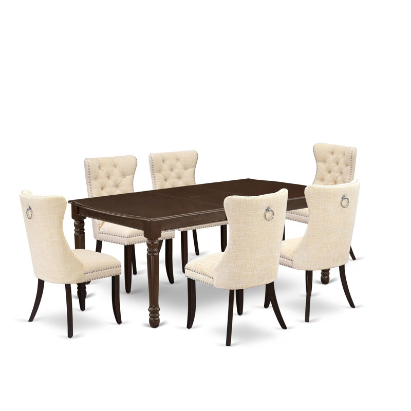 Ensemble de salle à manger 7 pièces comprenant une table de salle à manger rectangulaire avec feuille papillon et 6 chaises rembourrées en tissu de polyester, 42 x 78 pouces, acajou