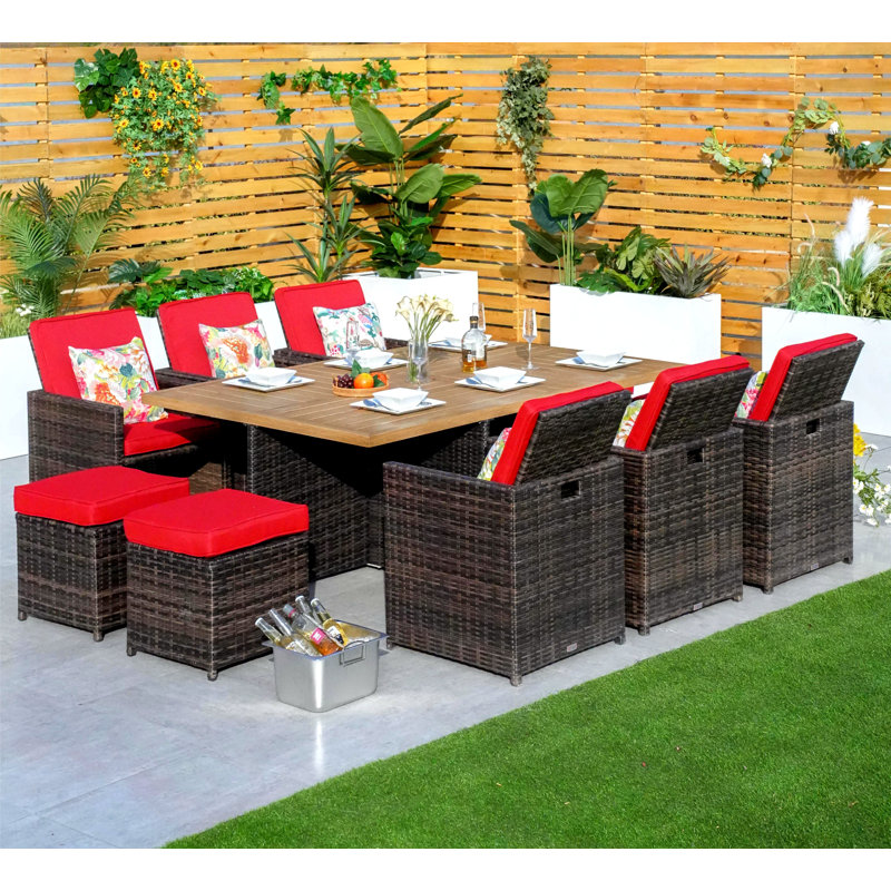 6 - Person Wicker Patio Dining Set with Rectangular Table , Cushions Included, Brown, Red